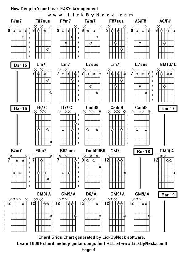 Chord Grids Chart of chord melody fingerstyle guitar song-How Deep Is Your Love- EASY Arrangement,generated by LickByNeck software.